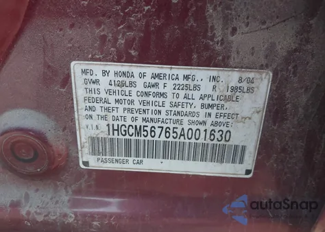 2005 Honda Accord 2.4 Ex from USA, damaged, VIN 1HGCM56765A001630